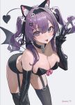  1girl absurdres animal_ears bare_shoulders bent_over black_choker black_gloves black_shirt black_shorts black_thighhighs breasts cat_ears chain choker cleavage closed_mouth commentary_request commission crop_top demon_tail demon_wings elbow_gloves garter_straps gloves hair_ornament hairband hairclip hand_on_own_knee hand_up highres large_breasts latex latex_gloves leaning long_hair looking_at_viewer low_wings micro_shorts midriff mole mole_under_eye original purple_eyes purple_hair revealing_clothes see-through shirt shorts skeb_commission sleeveless sleeveless_shirt smile solo sooon spaghetti_strap standing tail tail_raised thighhighs thighs tongue tongue_out twintails v wings 