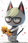  1boy :&lt; animal_crossing animal_ears black-framed_eyewear blonde_hair blue_necktie blush bottomless brown_eyes cat_boy cat_ears cat_tail character_request cum ejaculation furry furry_male glasses green_eyes heart heart-shaped_eyes heterochromia highres kneeling long_sleeves male_focus necktie raymond_(animal_crossing) saliva shirt short_hair sinensian solo tail tongue tongue_out vest white_shirt 