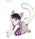  anthro blush clothing domestic_cat eyewear felid feline felis female fishnet fishnet_legwear footwear glasses grissane_art legwear mammal nathy paws pink_eyes pupils signature simple_background slit_pupils socks solo tail tongue tongue_out 