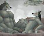  2023 abs anthro anthro_on_anthro areola balls bath bathing bathing_together bathtub biceps big_penis black_nose blizzard_entertainment blush canid digital_media_(artwork) duo ear_piercing ear_ring fleshformomo fur genitals glans grey_body grey_fur hi_res humanoid_genitalia humanoid_penis intraspecies male male/male mammal muscular muscular_anthro muscular_male navel nipples nude open_mouth open_smile pecs penis piercing plant ring_piercing size_difference smile steam teeth tree warcraft were werecanid wet worgen 