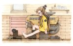  1girl barefoot black_footwear blue_eyes boots brick_wall brown_hair closed_mouth commentary_request from_side hi_fumiyo highres honda_motocompo jacket long_hair long_sleeves looking_down original painting_(medium) personification profile shelf signature solo sparkle traditional_media very_long_hair watercolor_(medium) window yellow_jacket 