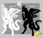  anthro black_body black_fur brown_eyes canid canine canis claws dragon duo fluffy fur grey_eyes hybrid male mammal markings pawpads paws sourmagic sourshard spiked_tail spikes spikes_(anatomy) sugarcube_(sourmagic) tail white_body white_fur wings wolf 