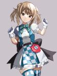  1girl absurdres alice_(alice_in_wonderland) alice_(alice_in_wonderland)_(cosplay) alice_in_wonderland alternate_costume blue_thighhighs bow bowtie brown_background brown_eyes checkered_thighhighs cosplay double_bun dress enemy_lifebuoy_(kancolle) gloves gradient_background green_bow green_bowtie hair_bun highres kantai_collection light_brown_hair looking_at_viewer michishio_(kancolle) official_alternate_costume panda_sasasa pocket_watch puffy_short_sleeves puffy_sleeves short_hair short_sleeves short_twintails smile thighhighs twintails watch white_gloves 