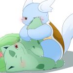  blue_body claws dinosaur duo elemental_creature feral flora_fauna generation_1_pokemon green_body hi_res ivysaur leaf leg_grab nintendo plant pokemon pokemon_(species) red_eyes reptile scalie spots spotted_body tail toad_(disambiguation) turtle wartortle 