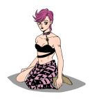  1girl bandeau bare_shoulders boots breasts choker cleavage hage_tashuumi jojo_no_kimyou_na_bouken kneeling math midriff pink_hair short_hair solo trish_una vento_aureo 