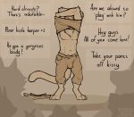  anthro blush bodily_fluids bulge clothed clothing clyde_wolf digital_media_(artwork) dungeons_and_dragons embarrassed english_text erection felid feline fur genital_fluids group hasbro male mammal nipples public shy simple_background solo tail text topwear undressing wizards_of_the_coast 