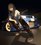  1girl absurdres asamiya_mariko black_pants blue_eyes blue_footwear brown_hair car english_commentary grey_shirt headlight highres holeecrab long_hair looking_at_viewer motor_vehicle night nissan nissan_s14_silvia nissan_silvia original outdoors pants shadow shirt shoes smile sneakers solo sports_car squatting very_long_hair 