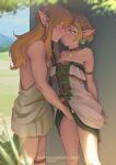  1boy 1girl against_wall archaic_set_(zelda) blonde_hair breasts chocorut cleavage clothes_lift dress dress_lift earrings eye_contact fingering hetero highres imminent_kiss jewelry link looking_at_another pointy_ears princess_zelda secret_stone short_hair the_legend_of_zelda the_legend_of_zelda:_tears_of_the_kingdom 