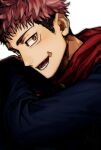  1boy black_hair black_jacket brown_eyes facial_mark grmms_otk hood hood_down hoodie itadori_yuuji jacket jujutsu_kaisen jujutsu_tech_uniform male_focus open_mouth pink_hair red_hoodie scar scar_on_face school_uniform short_hair simple_background smile solo undercut upper_body white_background 