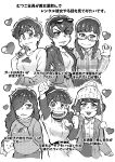  6+girls absurdres arm_up baseball_uniform beanie braid breasts buttons cardigan cat character_profile eyewear_on_head fang genderswap genderswap_(mtf) greyscale hand_in_pocket hat heart high_ponytail highres jacket large_breasts leather leather_jacket long_hair matsuno_choromatsu matsuno_ichimatsu matsuno_jyushimatsu matsuno_karamatsu matsuno_osomatsu matsuno_todomatsu money monochrome multiple_girls open_cardigan open_clothes osomatsu-san pom_pom_(clothes) sanjiro_(tenshin_anman) sextuplets siblings sisters smile sportswear sunglasses twin_braids waving 