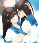  2girls artist_name blue_eyes blue_neckerchief blue_sailor_collar blue_skirt blurry blurry_background brown_hair commentary day english_commentary grabbing_another&#039;s_arm hair_between_eyes hand_in_another&#039;s_hair hand_on_another&#039;s_head highres incest long_hair looking_at_viewer multiple_girls neckerchief original parted_lips pleated_skirt sailor_collar school_uniform serafuku shirt short_sleeves siblings skirt twincest twins twitter_username upper_body white_serafuku white_shirt ya29_i yuri 