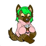  anthro beverage bleep clothing coffee cozy dessert female food green_hair hair happy hoodie hyena ice_cream invalid_tag mammal solo spots spotted_body spotted_hyena sweater topwear vannie_(w31rd) w31rd wholesome 
