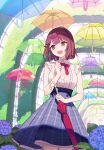  1girl :d ahoge alternate_costume arch atelier_(series) atelier_sophie bangs blue_umbrella braid breasts brown_eyes buttons closed_umbrella collared_shirt dress flower frilled_dress frilled_shirt frilled_skirt frills green_umbrella greenhouse high-waist_skirt holding holding_umbrella noco_(adamas) plant puni_(atelier) purple_flower purple_umbrella red_hair red_umbrella ribbon shirt side_braid skirt smile sophie_neuenmuller teruterubouzu umbrella white_shirt yellow_umbrella 