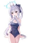  1girl absurdres animal_ears bare_legs bare_shoulders black_one-piece_swimsuit blue_archive blue_halo blush breasts closed_mouth collarbone covered_navel cowboy_shot fake_animal_ears frilled_one-piece_swimsuit frills grey_hair halo highres leepy long_hair looking_at_viewer miyako_(blue_archive) miyako_(swimsuit)_(blue_archive) off-shoulder_one-piece_swimsuit off_shoulder official_alternate_costume one-piece_swimsuit ponytail purple_eyes rabbit_ears simple_background small_breasts solo swimsuit white_background 