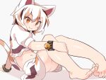  1girl :3 animal_ears arm_support ass barefoot bell bracelet cat_ears cat_tail closed_mouth commentary_request crop_top full_body goutokuji_mike hair_between_eyes hand_on_own_leg highres jewelry jingle_bell knees_up looking_at_viewer midriff multicolored_hair navel orange_eyes petite puffy_short_sleeves puffy_sleeves reclining short_hair short_sleeves simple_background sitting slit_pupils solo streaked_hair tail toenails toes touhou white_background yayuyoyayuyo 