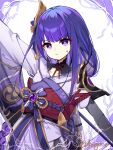  1girl :&lt; armor asymmetrical_sleeves bright_pupils closed_mouth electricity genshin_impact hair_ornament highres japanese_clothes kimono long_hair long_sleeves looking_at_viewer mismatched_sleeves mitsudomoe_(shape) mole mole_under_eye neck_ribbon obi purple_eyes purple_hair purple_kimono raiden_shogun red_ribbon ribbon sash shiroi_ou shoulder_armor signature simple_background solo sweat tomoe_(symbol) upper_body vision_(genshin_impact) white_pupils wide_sleeves 
