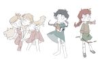  4girls abigail_(don&#039;t_starve) aged_down bandaid bandaid_on_face bandaid_on_nose bare_legs barefoot bernie_(don&#039;t_starve) blank_eyes braid brown_sweater child collared_dress collared_shirt don&#039;t_starve dress female_child floating_hair flower freckles frown full_body furrowed_brow green_skirt grin hair_flower hair_ornament holding holding_hands holding_stick holding_stuffed_toy injury jenny25424633 leaf leaf_on_head long_sleeves looking_at_viewer low_twintails miniskirt multiple_girls open_mouth overalls pink_flower pink_overalls pink_skirt pleated_skirt puffy_short_sleeves puffy_sleeves red_hair scratches shirt short_sleeves siblings simple_background sisters sketch skirt skirt_hold smile standing standing_on_one_leg stick stuffed_animal stuffed_toy sweater teddy_bear twin_braids twins twintails wendy_(don&#039;t_starve) white_background white_shirt wigfrid_(don&#039;t_starve) willow_(don&#039;t_starve) 