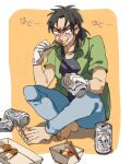  1boy :t asahi_breweries barefoot beer_can black_eyes black_hair black_shirt blue_pants blush can chikuwa chopsticks closed_mouth commentary_request crying crying_with_eyes_open eating food full_body gloves green_shirt holding holding_food indian_style inudori itou_kaiji kaiji long_hair looking_down male_focus medium_bangs open_clothes open_shirt orange_background pants parted_bangs shirt short_sleeves sitting skewer solo t-shirt tears translation_request tray undershirt white_background white_gloves 