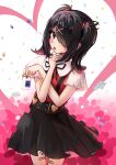  1girl ame-chan_(needy_girl_overdose) bandaid bandaid_on_leg black_eyes black_hair black_nails black_ribbon black_skirt blush collar collared_shirt commentary_request confetti cowboy_shot ear_piercing finger_to_mouth hair_ornament hair_over_one_eye hair_tie heart highres jirai_kei medicine_bottle medium_hair neck_ribbon needy_girl_overdose ohbuya piercing pill red_shirt ribbon shirt shirt_tucked_in short_sleeves skirt smile solo suspender_skirt suspenders twintails white_collar x_hair_ornament 