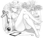 1girl alternate_costume arm_support banana blush clipboard closed_mouth crossed_arms curly_hair dress flipped_hair food fruit greyscale hat high_heels legs looking_at_viewer mogudan monochrome nurse nurse_cap on_bed one-punch_man panties pantyshot plant pumps short_hair short_sleeves sitting smile solo tatsumaki thick_thighs thighs underwear vase 