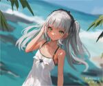 1girl beach black_hairband blue_sky blunt_bangs cloud commentary_request dated day dress dutch_angle green_eyes grey_hair hairband horizon kantai_collection long_hair maestrale_(kancolle) ocean one-hour_drawing_challenge one_side_up outdoors shidou_(shiyou_j) sky smile solo spaghetti_strap sundress tan twitter_username 