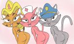  2017 anthro breasts butt clothing danger_rangers domestic_cat felid feline felis female group half-closed_eyes hat headgear headwear looking_at_viewer mammal narrowed_eyes nude open_mouth raised_tail simple_background tail tongue trio unknown_artist unknown_character whiskers 