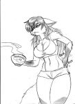  2023 absurd_res anthro big_breasts black_and_white bottomwear breasts canid canine chochi cleavage clothed clothing coffee_cup container crop_top cup ears_down female fox gloves_(marking) graphite_(artwork) hair hand_on_hip hi_res hotpants leg_markings long_hair mammal markings midriff monochrome pencil_(artwork) pivoted_ears scratching shirt shorts sketch socks_(marking) solo steam tank_top tired topwear traditional_media_(artwork) 