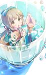  1girl blue_ribbon blunt_bangs blush bow breasts brown_eyes brown_hair cup dot_nose eating floral_print food from_above green_kimono hair_bow hair_ribbon holding holding_food holding_spoon ice ice_cream ice_cream_cone idolmaster idolmaster_cinderella_girls idolmaster_cinderella_girls_starlight_stage in_container in_cup japanese_clothes kawaseki kimono long_hair long_sleeves looking_at_viewer looking_up open_mouth ponytail print_kimono red_ribbon ribbon small_breasts solo spoon striped striped_kimono very_long_hair white_background wide_sleeves yorita_yoshino 
