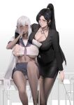 2girls absurdres alios_arvin black_bra black_hair black_jacket black_skirt blush bra breasts cleavage commentary dark-skinned_female dark_skin elf english_commentary feet_out_of_frame grabbing grabbing_another&#039;s_breast grey_hair hand_up highres holding jacket jewelry large_breasts long_hair long_sleeves miniskirt mole mole_under_eye multiple_girls necklace original panties pantyhose parted_lips pencil_skirt pleated_skirt pointy_ears ponytail purple_eyes shirt short_sleeves skirt smile thighs underwear white_panties white_shirt yuri 