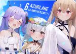  3girls absurdres ahoge anchorage_(azur_lane) anniversary azur_lane bare_shoulders blue_sky blush closed_eyes cloud cloudy_sky crossed_bangs detached_sleeves dress flandre_(azur_lane) hair_between_eyes head_wreath highres light_brown_hair long_hair long_sleeves looking_at_viewer multiple_girls open_mouth parted_lips petals purple_hair red_eyes sky sleeves_past_fingers sleeves_past_wrists smile stuffed_unicorn stuffed_winged_unicorn twitter_username uguhei unicorn_(azur_lane) upper_body white_dress white_hair 