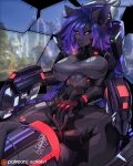  anthro black_body black_fur black_sclera blue_hair bodysuit breasts breath clothed clothing cockpit detailed_background digital_media_(artwork) dragon ear_piercing english_text ery female fingering fingering_self fur glistening glistening_clothing hair hi_res long_hair machine masturbation masturbation_through_clothing mecha neon_genesis_evangelion notravi open_mouth panting piercing plugsuit rubber skinsuit solo steam tail text tight_clothing vaginal vaginal_fingering yellow_eyes 