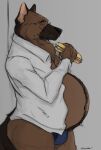  anthro belly belly_fur big_belly big_butt blue_clothing blue_underwear brown_body brown_fur bulge butt canid canine canis clothed clothing domestic_dog duke_(sheppyduke) eyewear food fur german_shepherd glasses grey_background herding_dog hi_res male mammal mature_anthro mature_male navel open_clothing open_shirt open_topwear overweight overweight_anthro overweight_male partially_clothed pastoral_dog sandwich_(food) sheppyduke shirt simple_background solo thick_thighs topwear underwear 