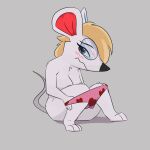  2023 absurd_res animal_crossing anthro breasts clothed clothing clothing_pull embarrassed female frown full-length_portrait fur grey_background grey_eyes hi_res honeymono looking_at_viewer mammal mostly_nude mouse murid murine nintendo panties panties_down panty_pull partially_clothed petri_(animal_crossing) pink_clothing pink_panties pink_underwear portrait rodent simple_background sitting solo underwear underwear_down underwear_pull undressing white_body white_fur 