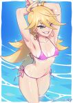  1girl ahoge armpits bare_shoulders bikini blonde_hair blue_eyes blush breasts cleavage collarbone earrings jewelry kajin_(kajinman) long_hair mole mole_on_armpit navel panty_&amp;_stocking_with_garterbelt panty_(psg) presenting_armpit side-tie_bikini_bottom small_breasts smile solo swimsuit 