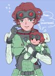  1girl animification apex_legends black_gloves blue_background brown_hair character_doll doll embarrassed english_text freckles gloves goggles goggles_on_head green_eyes holding holding_doll horizon_(apex_legends) mononobex open_mouth short_hair smile solo spacesuit speech_bubble straight-on sweatdrop 