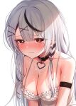  1girl arm_strap asymmetrical_hair black_collar black_hair blush braid breasts camisole cleavage closed_mouth collar commentary cowlick crying crying_with_eyes_open ear_piercing earclip fang frilled_camisole frills furrowed_brow grey_hair hair_ornament hairclip heart_collar highres hololive ineka_ka long_hair looking_at_viewer medium_breasts multicolored_hair piercing red_eyes sad sakamata_chloe side_braid simple_background single_braid skin_fang solo sweat tearing_up tears two-tone_hair upper_body virtual_youtuber white_background white_camisole x_hair_ornament 