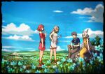  1boy 3girls absurdres blue_sky blurry blurry_foreground chest_jewel field flower grass grey_hair happy highres husband_and_wives low_twintails mountainous_horizon multiple_girls mythra_(xenoblade) nia_(xenoblade) official_alternate_costume outdoors poteto_(potetosarada123) pyra_(xenoblade) rex_(xenoblade) rock sitting sky smile spoilers tiara twintails xenoblade_chronicles_(series) xenoblade_chronicles_2 xenoblade_chronicles_3 