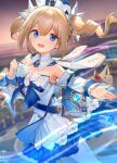  1girl ainy armpits barbara_(genshin_impact) bare_shoulders blonde_hair blue_bow blue_eyes blue_gemstone blue_headwear blurry blurry_background blush book bow breasts detached_collar detached_sleeves dress evening gem genshin_impact gradient_sky hair_between_eyes hair_ornament hands_up hat house long_hair long_sleeves looking_at_viewer medium_breasts open_mouth outdoors pantyhose pink_sky purple_sky sky smile solo standing town twintails two-tone_bow vision_(genshin_impact) white_dress white_headwear white_pantyhose 