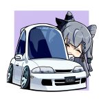  1girl ^_^ absurdres black_ribbon blush car chibi closed_eyes cone_hair_bun double_bun duz grey_hair hair_bun hair_ribbon highres hololive hololive_indonesia license_plate long_hair motor_vehicle nissan_skyline nissan_skyline_gt-r nissan_skyline_r33 race_vehicle racecar ribbon shadow smile solo stance_(vehicle) vehicle_focus vestia_zeta vestia_zeta_(1st_costume) virtual_youtuber 