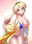  1girl ahoge american_flag_bikini bikini black_hairband blonde_hair blue_eyes blush breasts cleavage collarbone commentary_request commission cowboy_shot curvy eyelashes eyes_visible_through_hair flag_print floral_print gradient_background hair_between_eyes hairband hands_up head_tilt japanese_clothes kimono kohagura_ellen large_breasts long_hair long_sleeves looking_at_viewer navel off_shoulder open_clothes open_kimono parted_lips pink_background shiny_skin shy side-tie_bikini_bottom sidelocks simple_background skeb_commission solo standing stomach sweat swimsuit thighs toji_no_miko tsurime undressing very_long_hair white_background wide_sleeves yellow_kimono zen_(kamuro) 