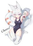  1girl alternate_costume animal_ears english_commentary fox_ears fox_girl fox_tail full_body highres innertube phase_connect purple_eyes school_swimsuit short_hair simple_background smile solo swimsuit taachika tail tenma_maemi theo_(tenma_maemi) thighhighs virtual_youtuber white_background white_hair white_thighhighs 