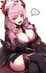  1girl belt black_belt black_gloves black_thighhighs blue_archive bra breasts cleavage demon_horns doyoon_7 fangs garter_straps gloves halo heart highres holding holding_riding_crop horns large_breasts long_hair military military_uniform mole mole_on_breast necktie open_mouth pink_eyes pink_hair red_bra red_necktie riding_crop satsuki_(blue_archive) solo spoken_heart thighhighs underwear uniform 