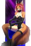  amur anthro big_breasts breasts bunny_costume canid canine cleavage clothed clothing costume dressing fake_ears fake_rabbit_ears female fluffy fluffy_tail fox fur green_eyes hair hi_res legwear leotard mammal orange_body orange_fur pantyhose red_hair shirt_collar solo stockings tail thigh_highs zenobia_benz 