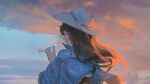  1girl cigarette cloud cowboy_hat dusk hat holding holding_cigarette long_hair looking_back original sky smoking solo 