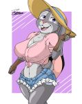  absurd_res anthro big_breasts bottomwear breasts clothing crop_top disney female gloves handwear hat headgear headwear hi_res hotpants judy_hopps lagomorph leporid mammal navel plaid purple_eyes rabbit reymonrr shirt shorts smile solo teeth topwear uniform work_gloves zootopia zootopia+ 