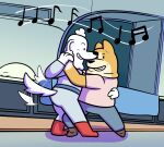  anthro canid canine canis dancing dogs_in_space domestic_dog duo garbage_(dogs_in_space) grolarbearsins happy_(dogs_in_space) herding_dog hi_res male male/male mammal pastoral_dog poodle romantic smile smiling_at_each_other space spaceship_interior welsh_corgi 