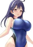  1girl ahoge black_hair black_one-piece_swimsuit blue_one-piece_swimsuit blush breasts brown_eyes competition_swimsuit covered_navel cowboy_shot dated hair_between_eyes highleg highleg_swimsuit highres impossible_clothes impossible_swimsuit kantai_collection large_breasts long_hair looking_at_viewer montemasa multicolored_clothes multicolored_swimsuit one-piece_swimsuit open_mouth simple_background solo swimsuit twitter_username two-tone_swimsuit ushio_(kancolle) white_background 
