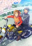  2boys :d ^_^ black_jacket boots brown_footwear brown_hair cherry_blossoms closed_eyes commentary_request day driving falling_petals friends from_above grey_hair grin hanamura_yousuke highres hug hug_from_behind jacket motor_vehicle motorcycle multiple_boys narukami_yuu one_eye_closed open_mouth outdoors pants persona persona_4 petals red_jacket sato-pon short_hair sitting smile spiked_hair teeth twitter_username v-shaped_eyebrows white_footwear 