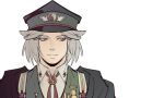  1other androgynous badge black_cape black_headwear blunt_bangs cape chin closed_mouth collared_shirt dress fujiwara_no_shirogane_no_sanra gem green_dress grey_eyes grey_hair hat len&#039;en looking_to_the_side military_hat military_uniform neckerchief parted_bangs red_gemstone red_neckerchief sdz_(inazuma) shirt short_hair sleeveless sleeveless_dress smile solo star_pin uniform upper_body white_background white_shirt wing_print yin_yang yin_yang_print 