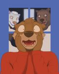  2023 anthro aureldrawsstuff bear blue_background brian_(echo) brown_bear brown_body brown_claws brown_fur brown_nose chase_hunter claws clothing colored countershade_face countershading duke_(echo) echo_(game) echo_(series) echo_project fur group hair hand_on_cheek hi_res home_alone male mammal monotone_body monotone_fur multicolored_body multicolored_fur mustelid musteline open_mouth otter parody pink_nose red_clothing red_eyes red_sweater red_topwear scared simple_background smile sweater tan_body tan_countershading tan_fur teeth topwear trio true_musteline two_tone_body two_tone_fur ursine weasel whiskers white_body white_fur white_hair yellow_sclera 
